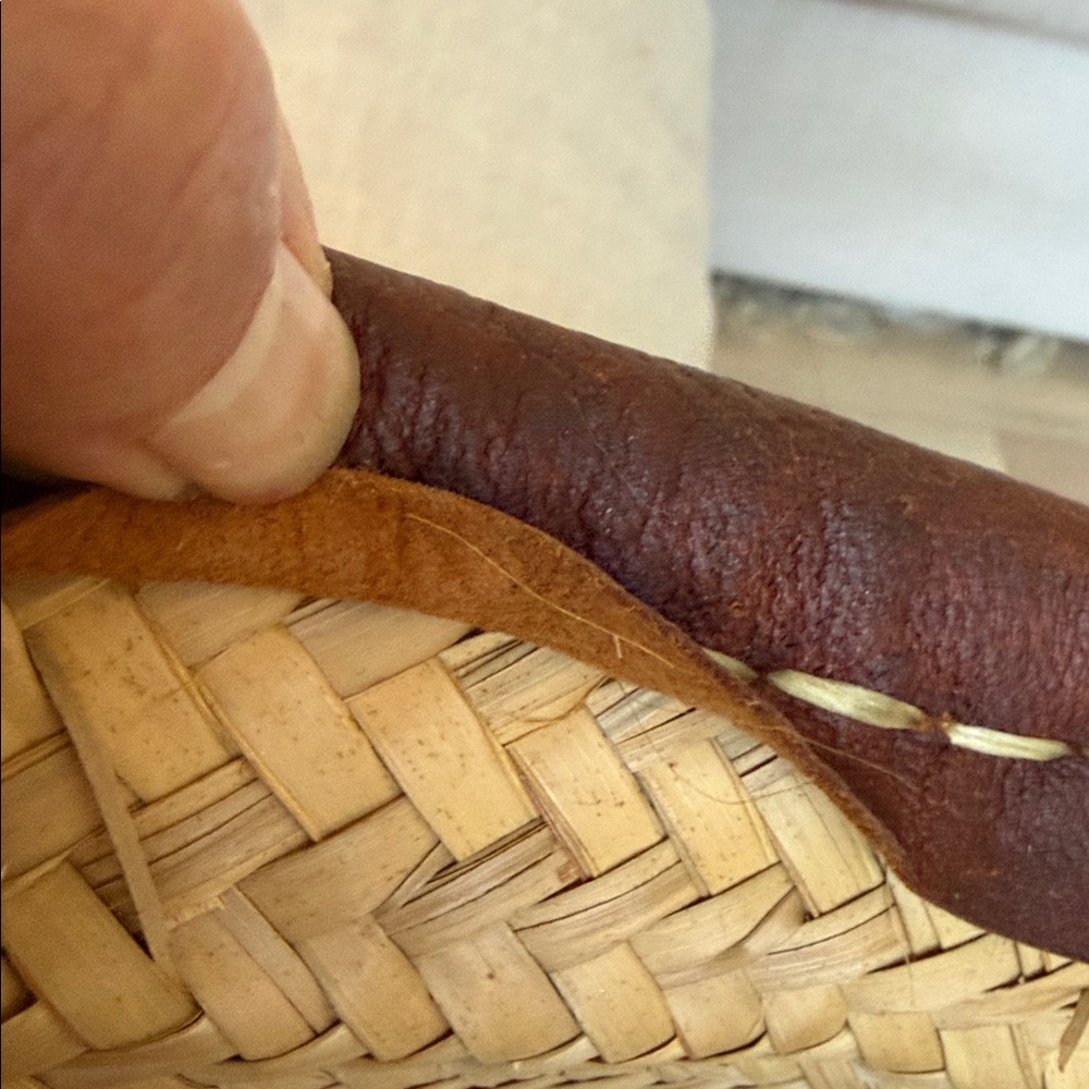Source Unknown Tan and Brown Woven Tote from Mexico, leather handles, and trim. - Picture 6 of 6